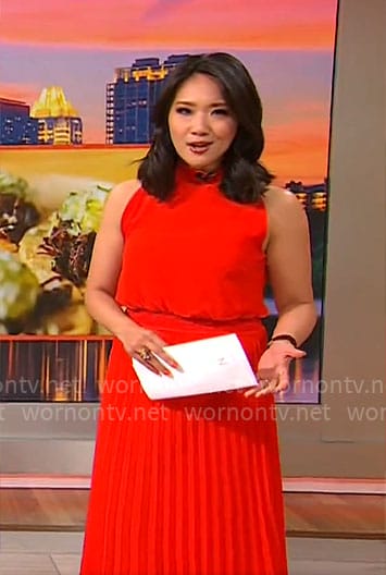 Nancy Chen's red pleated sleeveless dress on CBS Mornings