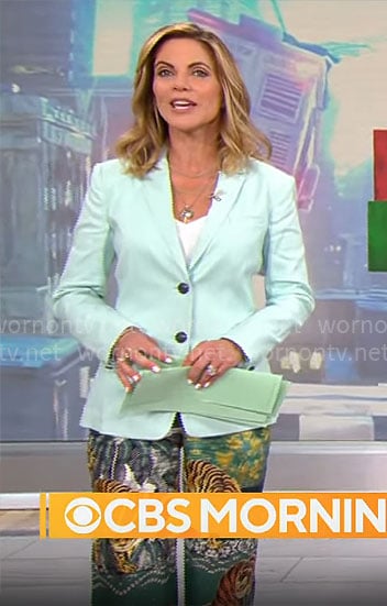 Natalie Morales' mint green blazer and tiger pants on CBS Mornings