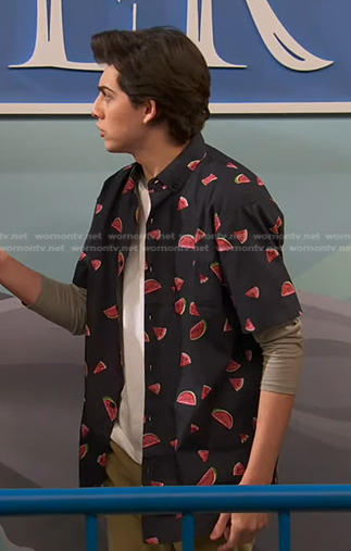 Neil’s black watermelon print shirt on Ravens Home