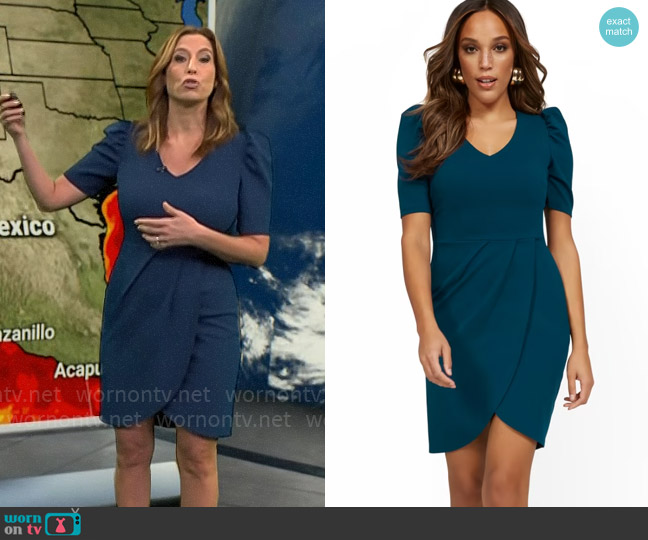 New York & Company Ruche-Sleeve Tulip-Hem Sheath Dress - Magic Crepe® worn by Stephanie Abrams on CBS Mornings