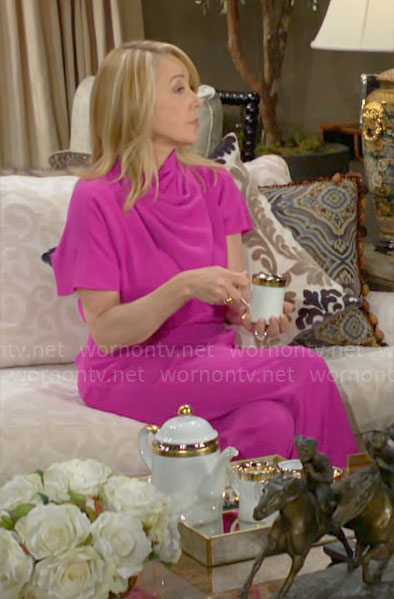 Nikki's pink draped neck jumpsuit on The Young and the Restless