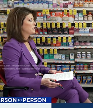 Norah’s purple blazer and pants on CBS Evening News