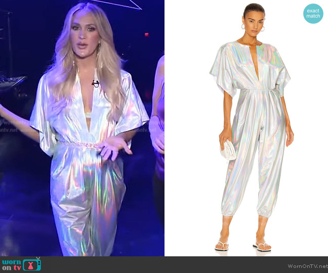 WornOnTV: Kerry Underwood’s metallic plunging jumpsuit on Extra ...