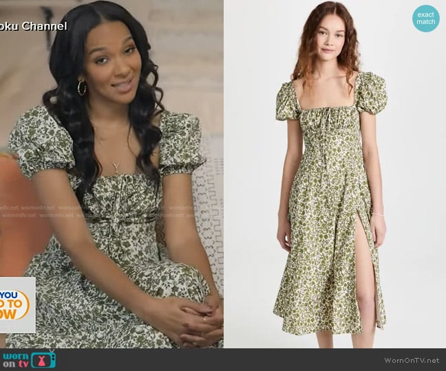 O.P.T Cotton Peasant Dress in Green Floral worn by Lizzy Mathis on Good Morning America