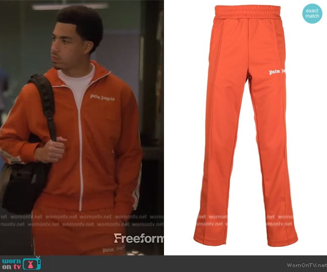 Palm Angels Logo-print track pants worn by Andre Johnson, Jr. (Marcus Scribner) on Grown-ish