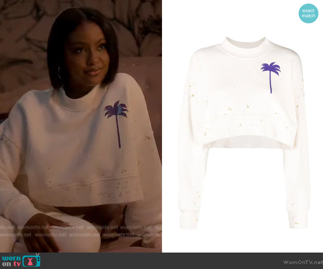 Palm Angles Painted palm tree sweatshirt worn by Annika (Justine Skye) on Grown-ish