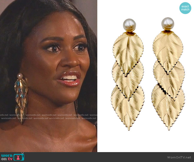 Parravi Jewelry Pearl Leaf Statement Earrings worn by Charity Lawson on The Bachelorette