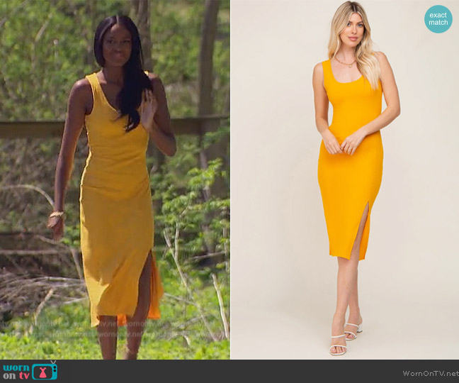 Pink Blush Yellow Ribbed Back Cutout Midi Dress worn by Charity Lawson on The Bachelorette