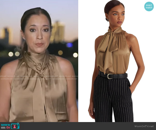 LAUREN Ralph Lauren Tie Neck Charmeuse Sleeveless Blouse worn by Mireya Villarreal on Good Morning America