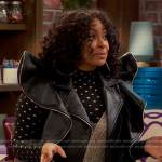 Raven’s black leather ruffle jacket and top on Ravens Home