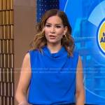 Rebecca’s blue cowl neck sleeveless top on Good Morning America