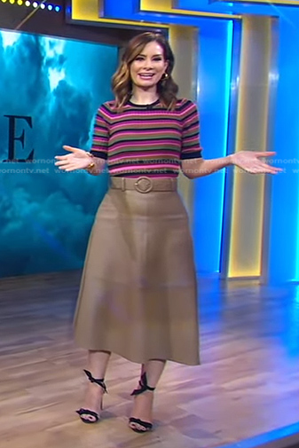 Rebecca's pink striped top and leather belted skirt on Good Morning America