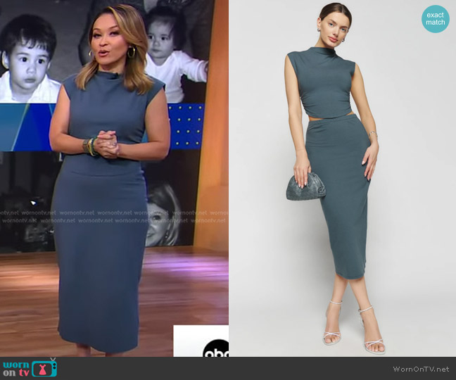 Reformation Foster Knit Two Piece in Slate worn by Eva Pilgrim on Good Morning America