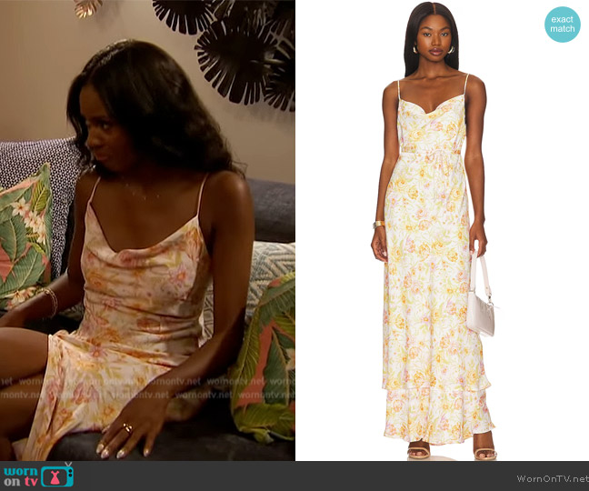 Charity’s floral print cowl neck dress on The Bachelorette