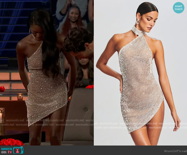 Charity’s metallic one shoulder mini dress and sandals on The Bachelorette