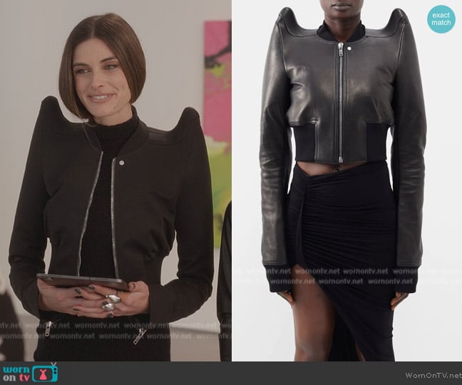 Rick Owens Sculpted-shoulder cropped leather jacket worn by Mariah Strongin (Mariah Strongin) on And Just Like That