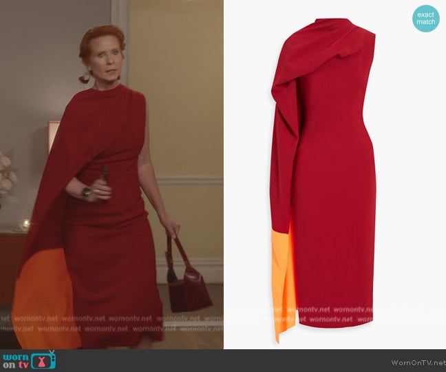 Miranda’s red drape colorblock dress on And Just Like That