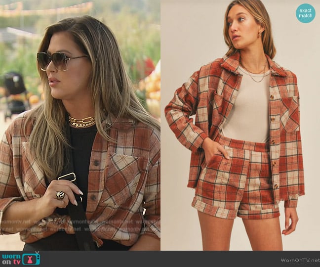 Sage the Label Back and Forth Frayed Hem Plaid Shacket worn by Emily Simpson on The Real Housewives of Orange County