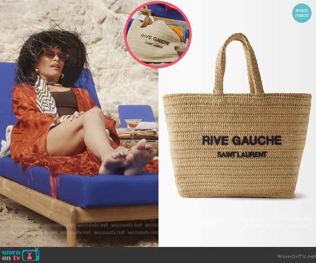 Beige Rive Gauche logo-embroidered raffia tote bag