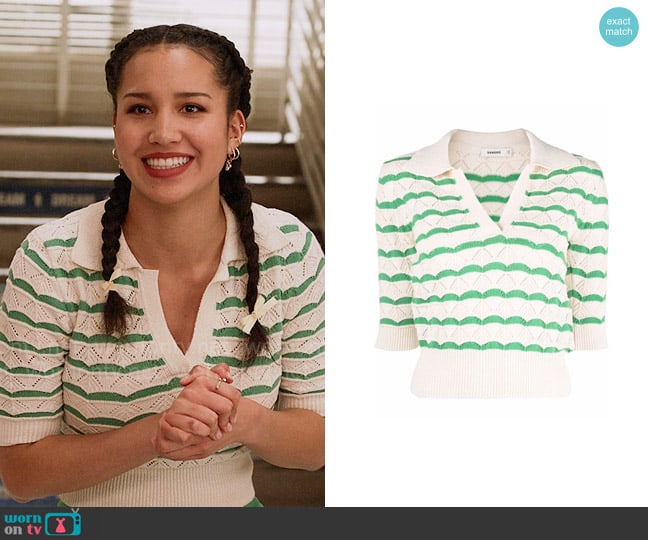 Sandro Striped knitted polo top worn by Gina (Sofia Wylie) on High School Musical The Musical The Series