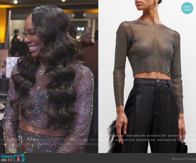 Santa Brands Crystal Mesh Long-Sleeve Crop Top worn by Sanya Richards-Ross on The Real Housewives of Atlanta