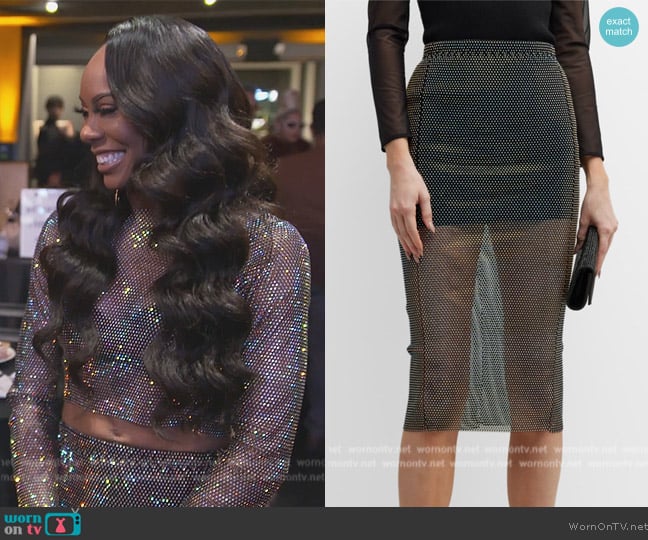 Santa Brands Rhinestone Open-Knit Midi Skirt worn by Sanya Richards-Ross on The Real Housewives of Atlanta