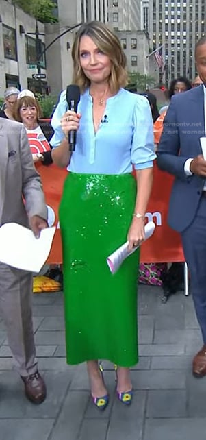Savannah's blue puff sleeve top and green sequin skirt on Today