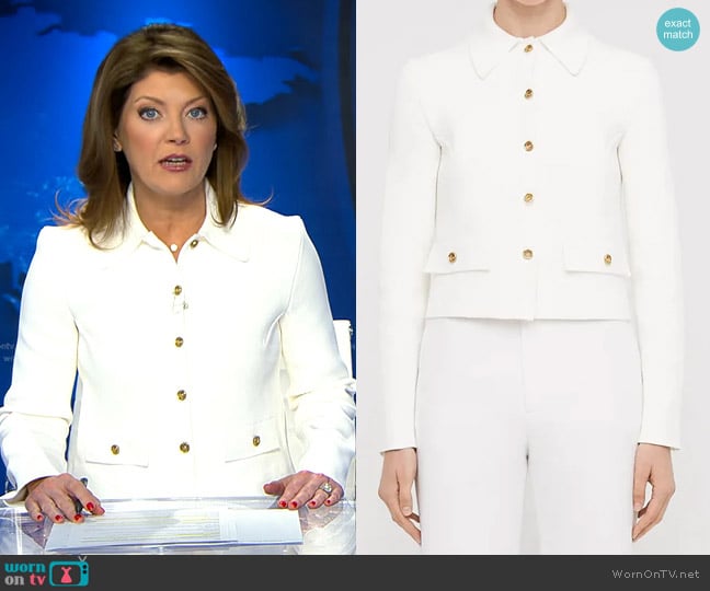 Scanlan Theodore Crepe Knit Button Jacket in Cream worn by Norah O'Donnell on CBS Evening News