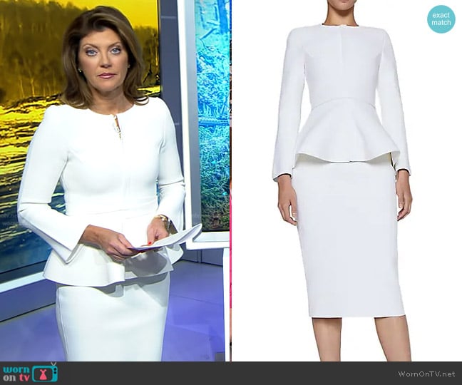 Scanlan Theodore Crepe Knit Ruffle Jacket and Pencil Skirt worn by Norah O'Donnell on CBS Evening News