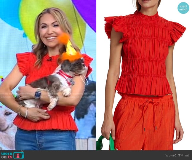 Sea Greir Pleated Flutter-Sleeve Top worn by Lori Bergamotto on Good Morning America