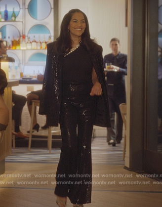 Seema's black sequin blazer and pants on And Just Like That