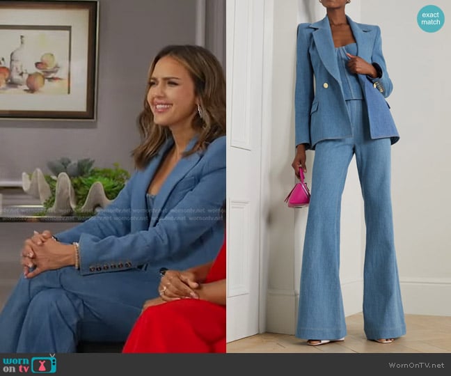 Sergio Hudson Denim Bustier Top, Blazer and Jeans worn by Jessica Alba on Good Morning America