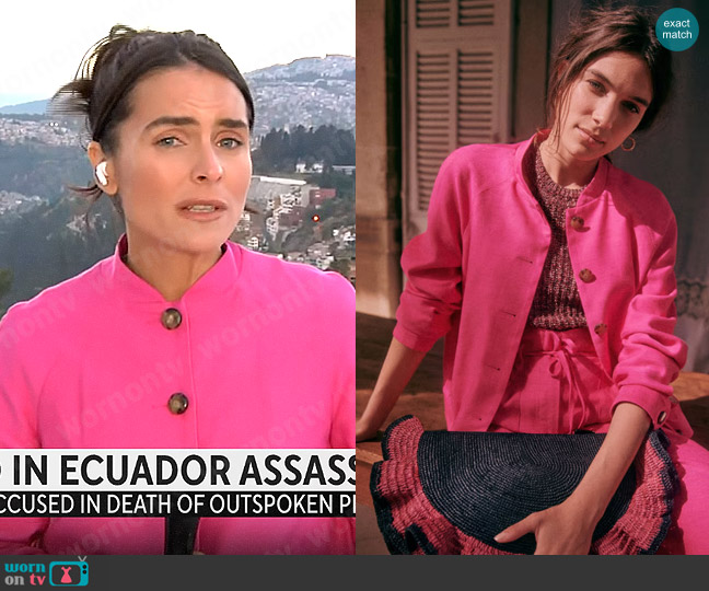 Sezane Mike Jacket in Bright Pink worn by Lilia Luciano on CBS Mornings