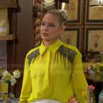 Sharon’s yellow fringed blouse and white ruched mini skirt on The Young and the Restless