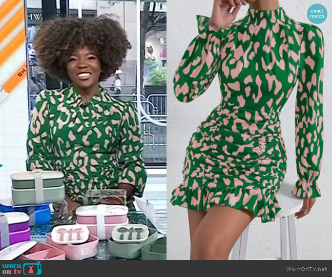 Shein Print Flounce Sleeve Ruched Ruffle Hem Dress in Green worn by Patrice J. Williams on Today