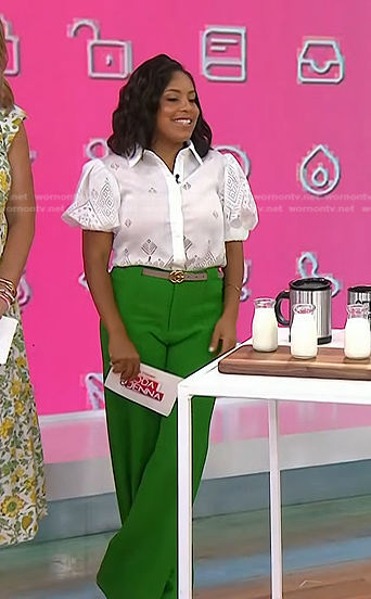 Sheinelle's white puff sleeve blouse and green pants on Today