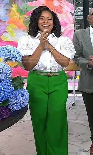 Sheinelle’s white puff sleeve blouse and green pants on Today