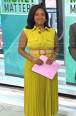 Sheinelle's yellow sleeveless pleated dress on Today