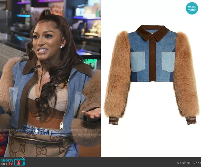 Sonia Rykiel Brown Fox Fur Patchwork Denim Jacket worn by Drew Sidora on The Real Housewives of Atlanta