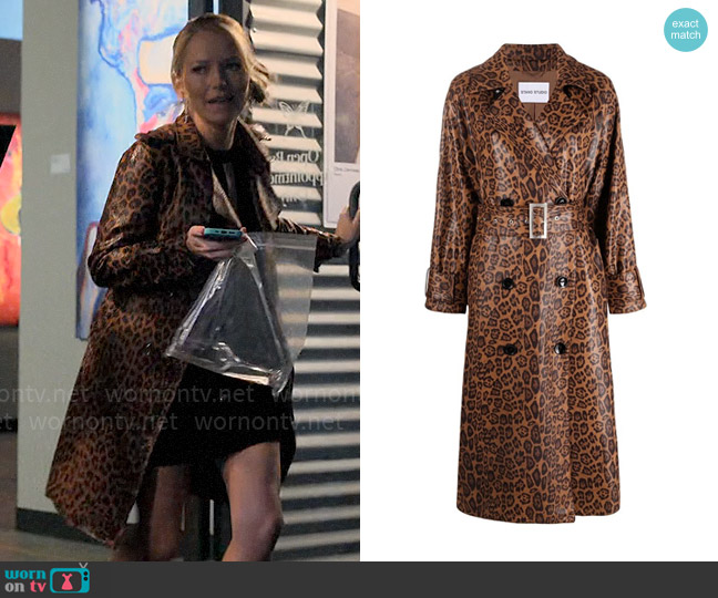 Stand Studio Shelby Shiny Leopard Trench Coat worn by Lorna Crane (Becki Newton) on The Lincoln Lawyer