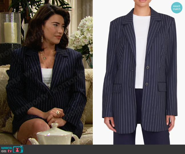 Staud City Oversize Pinstripe Blazer worn by Steffy Forrester (Jacqueline MacInnes Wood) on The Bold and the Beautiful