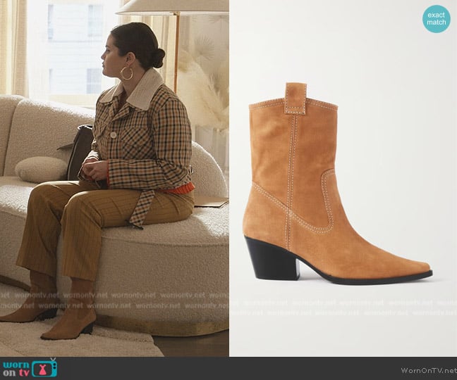 Staud June suede ankle boots worn by Mabel Mora (Selena Gomez) on Only Murders in the Building