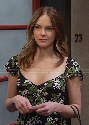 Stephanie's black floral print dress on Days of our Lives