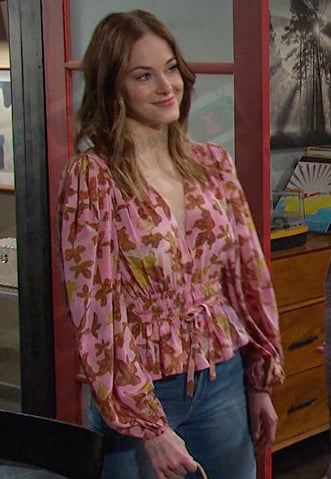 Stephanie's pink floral peplum blouse on Days of our Lives