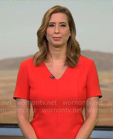 Stephanie Abrams’ red v-neck short sleeve sheath dress on CBS Mornings