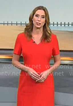 Stephanie Abrams' red v-neck short sleeve sheath dress on CBS Mornings