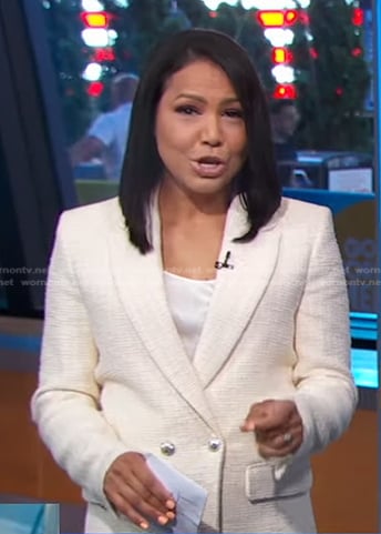 Stephanie’s white textured double breasted blazer on Good Morning America