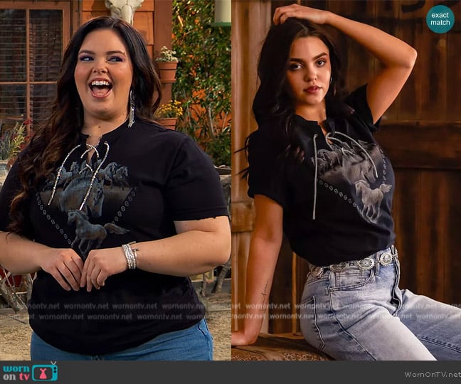 Sterling and Stitch Rhinestone Lace-Up T-Shirt worn by Lou Hockhauser (Miranda May) on Bunkd