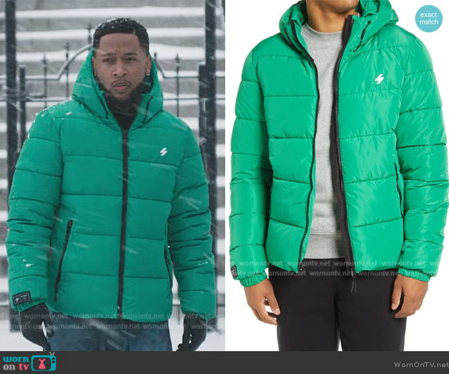 Superdry Sports Puffer Hooded Jacket Green worn by Emmett (Jacob Latimore) on The Chi