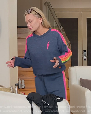 Tamra's blue stripe sleeve sweatshirt and pants on The Real Housewives of Orange County